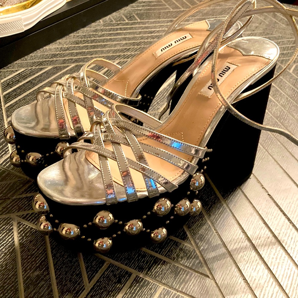 Miu Miu black suede with silver studs platform sandals
